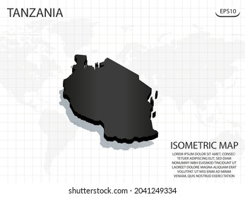 Mapa 3D negro de Tanzania en el fondo del mapa del mundo .Vector concepto isométrico moderno de la ilustración de la tarjeta de saludo eps 10.