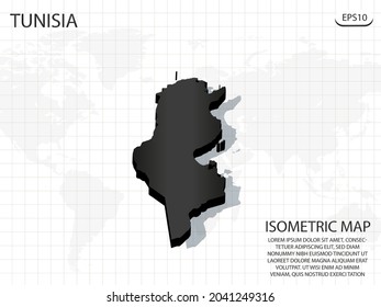 3D Map black of Tunisia on world map background .Vector modern isometric concept greeting Card illustration eps 10.