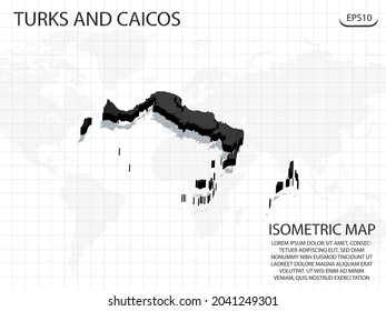 Mapa 3D negro de Turcas y Caicos en el fondo del mapa del mundo .Vector concepto isométrico moderno de la ilustración de la tarjeta de saludo eps 10.