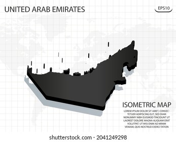 3D Map black of United Arab Emirates on world map background .Vector modern isometric concept greeting Card illustration eps 10.