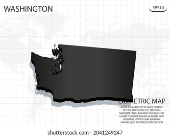 3D Map black of Washington on world map background .Vector modern isometric concept greeting Card illustration eps 10.