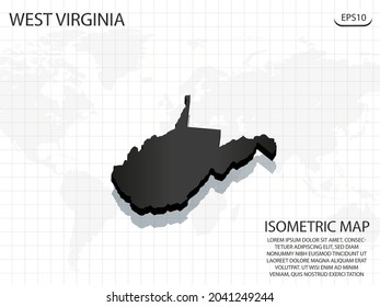 3D Map black of West Virginia on world map background .Vector modern isometric concept greeting Card illustration eps 10.