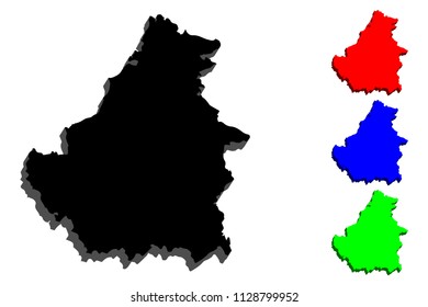 3D map of Borneo (Pulau Borneo) - black, red, blue and green - vector illustration
