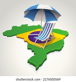 3D map of Brazil in the colors of the Brazilian flag with a deck chair and a parasol lying on it on a white background