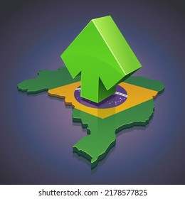 3D map of Brazil in the colors of the Brazilian flag with a rising green 3D arrow on it on a dark background