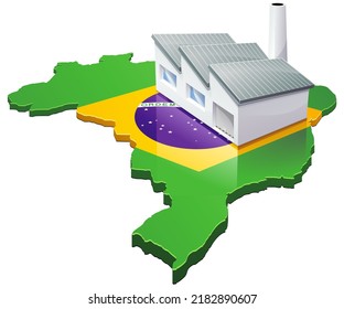 3D map of Brazil in the colors of the Brazilian flag with a factory and its chimney placed on it (cut out)