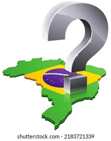 3D map of Brazil in the colors of the Brazilian flag with a metallic question mark on it (cut out)