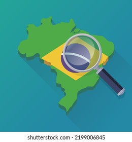 3D map of Brazil in the colors of the Brazilian flag with a magnifying glass and a flat design shading effect on a blue background (flat design)