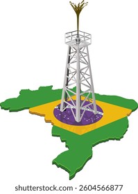 3D map of Brazil in the colors of the Brazilian flag with an oil well (cut out)