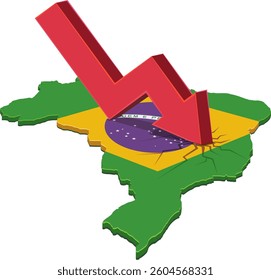 3D map of Brazil in the colors of the Brazilian flag with a downward arrow making cracks on the map (cut out)