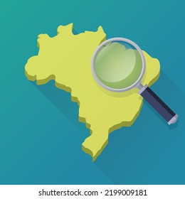3D map of Brazil with a magnifying glass and a flat design shading effect on a blue background (flat design)