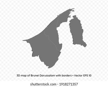 Mapa 3D de Brunéi con fronteras aisladas en fondo transparente, ilustración de eps vectoriales