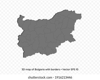 Mapa 3D de Bulgaria con fronteras aisladas en fondo transparente, ilustración de vectores