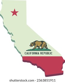 3D map of California in California state flag colors in cutout flat design style