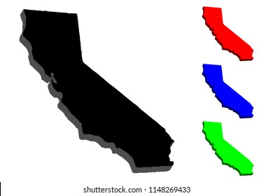 3D map of California (United States of America, The Golden State) - black, red, blue and green - vector illustration