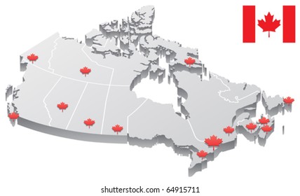3D map of Canada. The capitals as well as the borders are on separate layers, so you can remove them if you want. 