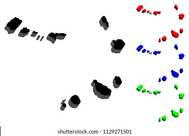 3D map of Cape Verde (Republic of Cabo Verde) - black, red, blue and green - vector illustration