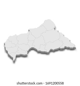 3d map of Central African Republic with borders of regions