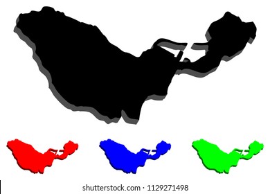 3D map of Ceuta (Spanish autonomous city) - black, red, blue and green - vector illustration