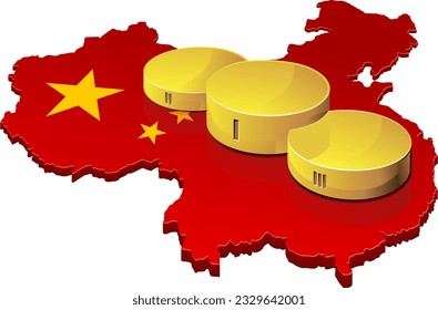 3D map of China in the colors of the Chinese flag on which a podium a gold is placed isolated on a white background