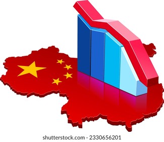 3D map of China in the colors of the Chinese flag on which is laid a graph with blue bars and a downward red curve isolated on a white background