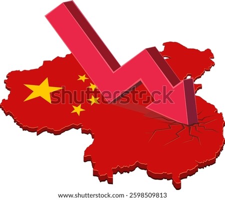 3D map of China in the colors of the Chinese Communist Party with a downward arrow making cracks on the map (cut out)