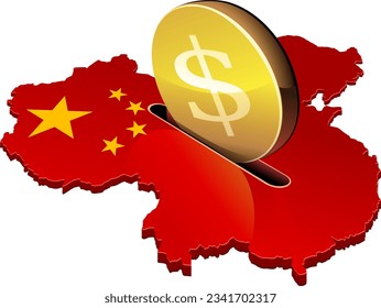 3D map of China in the colors of communist china in which a gold coin with the currency symbol Dollars