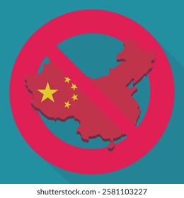 3D map of China in the colors of the flag of communist China with a circular red strikethrough prohibition symbol in flat design style on blue background with long shadow