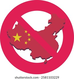 3D map of China in the colors of the flag of communist China with a circular red strikethrough prohibition symbol in flat design style (cut out)