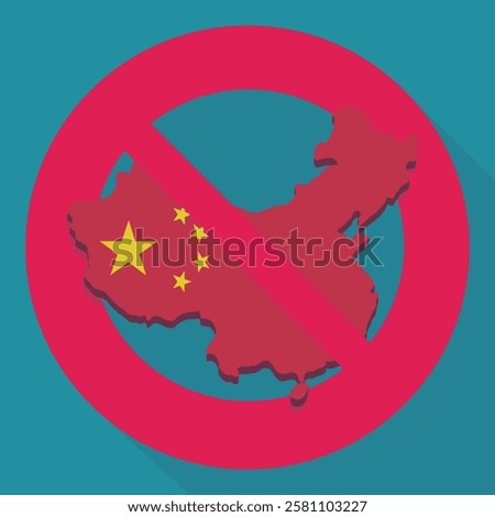 3D map of China in the colors of the flag of communist China with a circular red strikethrough prohibition symbol in flat design style on blue background with long shadow