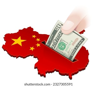 3D map of China in the colors of the red flag with the golden stars of the People's Republic of China in which a hand drops a US 20 dollar bill (cut out)
