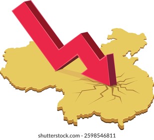 3D map of China with a downward arrow making cracks on the map (cut out)