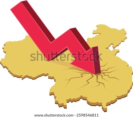 3D map of China with a downward arrow making cracks on the map (cut out)