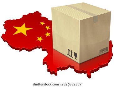 3D map of China with the red flag and the golden stars of the communist party on which is placed a cardboard delivery box (cut out)