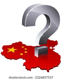 3D map of china with the red flag and golden stars of the communist party with a metallic question mark on it (cut out)