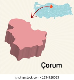 3D map of cities and locations in Turkey  - Corum