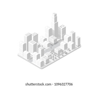 3d map of city on white design street town buildings modern urban house and skyscrapers. Vector isometric illustration of flat style for concept business background.