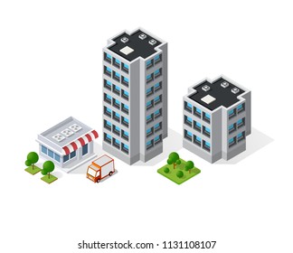 3d map of city on white blue design street town buildings modern urban house and skyscrapers. Vector isometric illustration of flat style for concept business background.