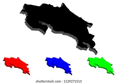 3D map of Costa Rica (Republic of Costa Rica) - black, red, blue and green - vector illustration