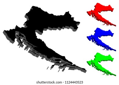 3D map of Croatia (Republic of Croatia) - black, red, blue and green - vector illustration