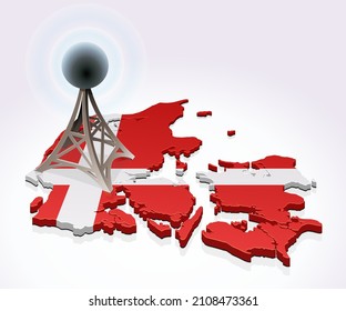 3D map of Denmark in the colors of the Danish flag with an antenna on a white background