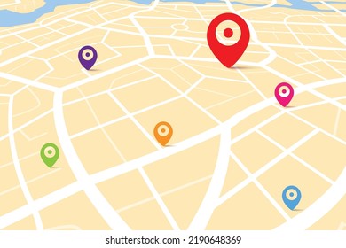 3D map with destination location point, Aerial clean top view of the city map with street and river, Blank urban imagination map, GPS map navigator concept, vector illustration