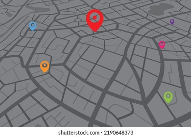 3D map with destination location point, Aerial clean top view of the city map with street and river, Blank urban imagination map, GPS map navigator concept, vector illustration