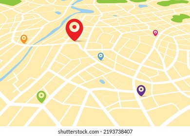 3D map with destination location point, Aerial clean top view of the city map with street and river, Blank urban imagination map, GPS map navigator concept, vector illustration