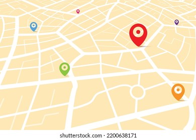 3D map with destination location point, Aerial clean top view of the city map with street and river, Blank urban imagination map, GPS map navigator concept, vector illustration