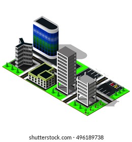3d map elements. Scheme includes glass building, business center, offices and road markings. Isometric city.