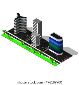 3d map elements. Scheme includes glass building, business center, offices and road markings. Isometric city.