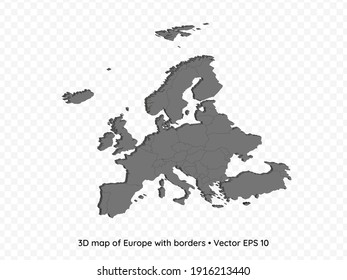 3D map of Europe with borders isolated on transparent background, vector eps illustration