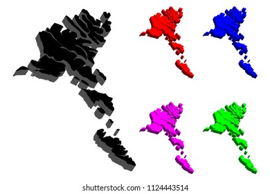 3D map of Faroe Islands (Faeroe Islands) - black, red, purple, blue and green - vector illustration