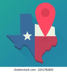 3d mapa en estilo de diseño plano de Texas en los colores de la bandera texana en la que se coloca un marcador de ubicación roja para indicar un destino